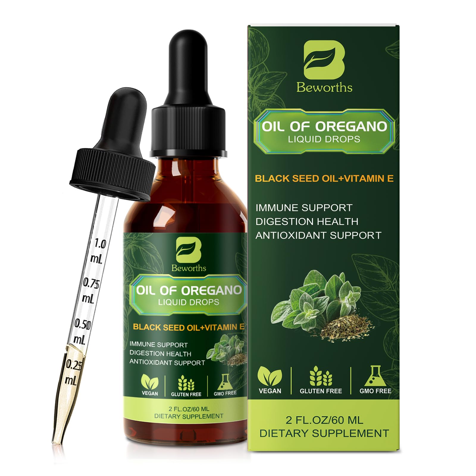 Digestive balance concept with B BEWORTHS oregano oil drops