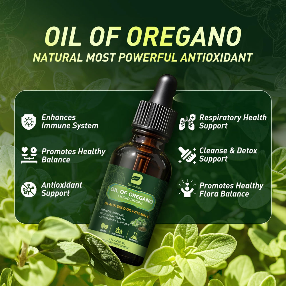 Dispense action shot of B BEWORTHS oregano oil drops for convenient dosing
