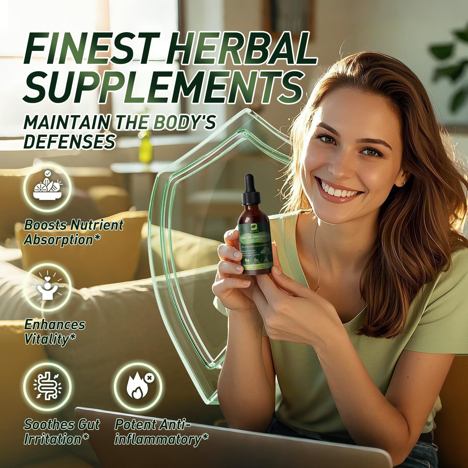Ingredient highlights: oregano oil, black seed oil, elderberry, and vitamin E in the blend.