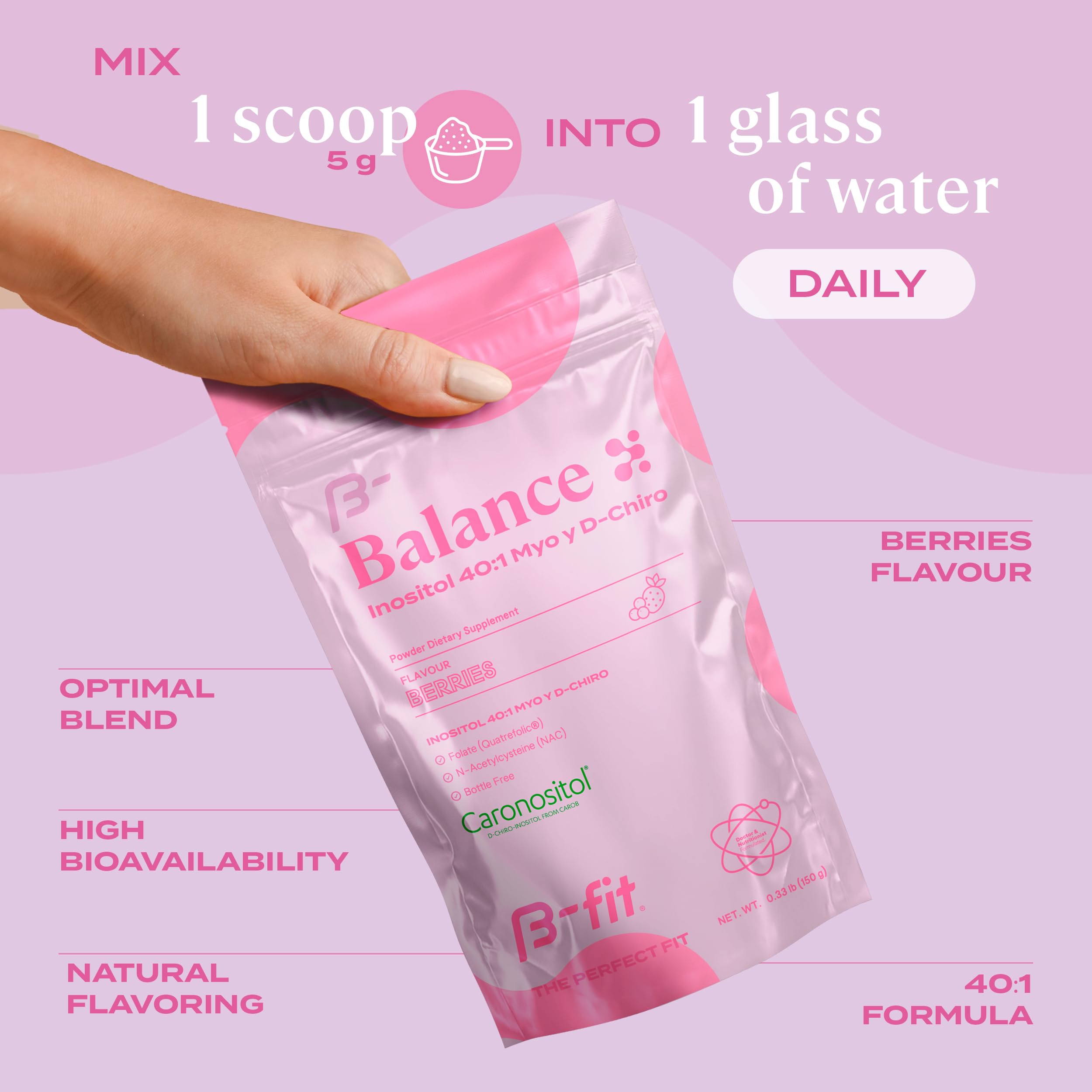 B-FIT B Inositol Balance dissolves quickly in water for a berry drink.