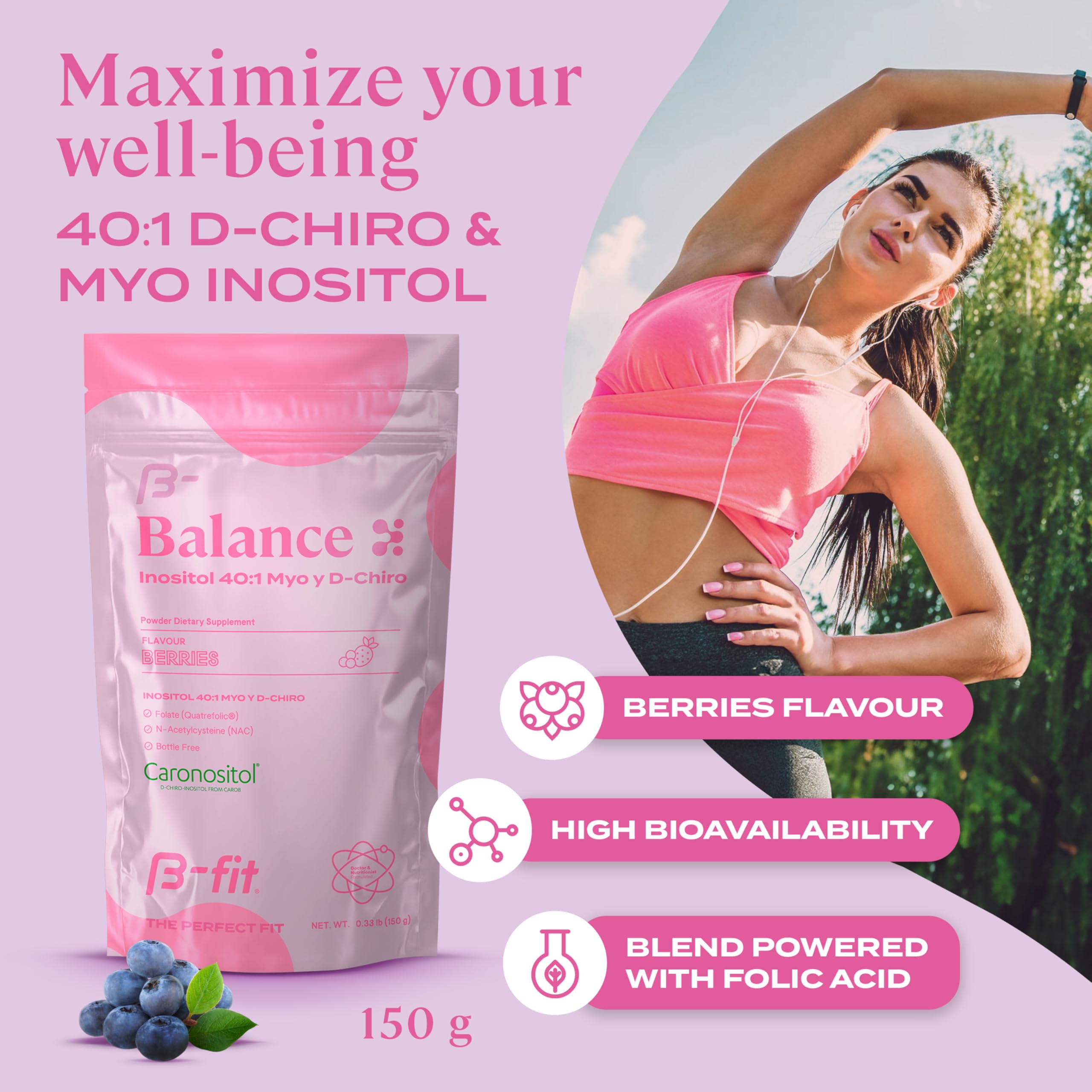 B-FIT B Inositol Balance ingredients panel shows pure components for daily use.