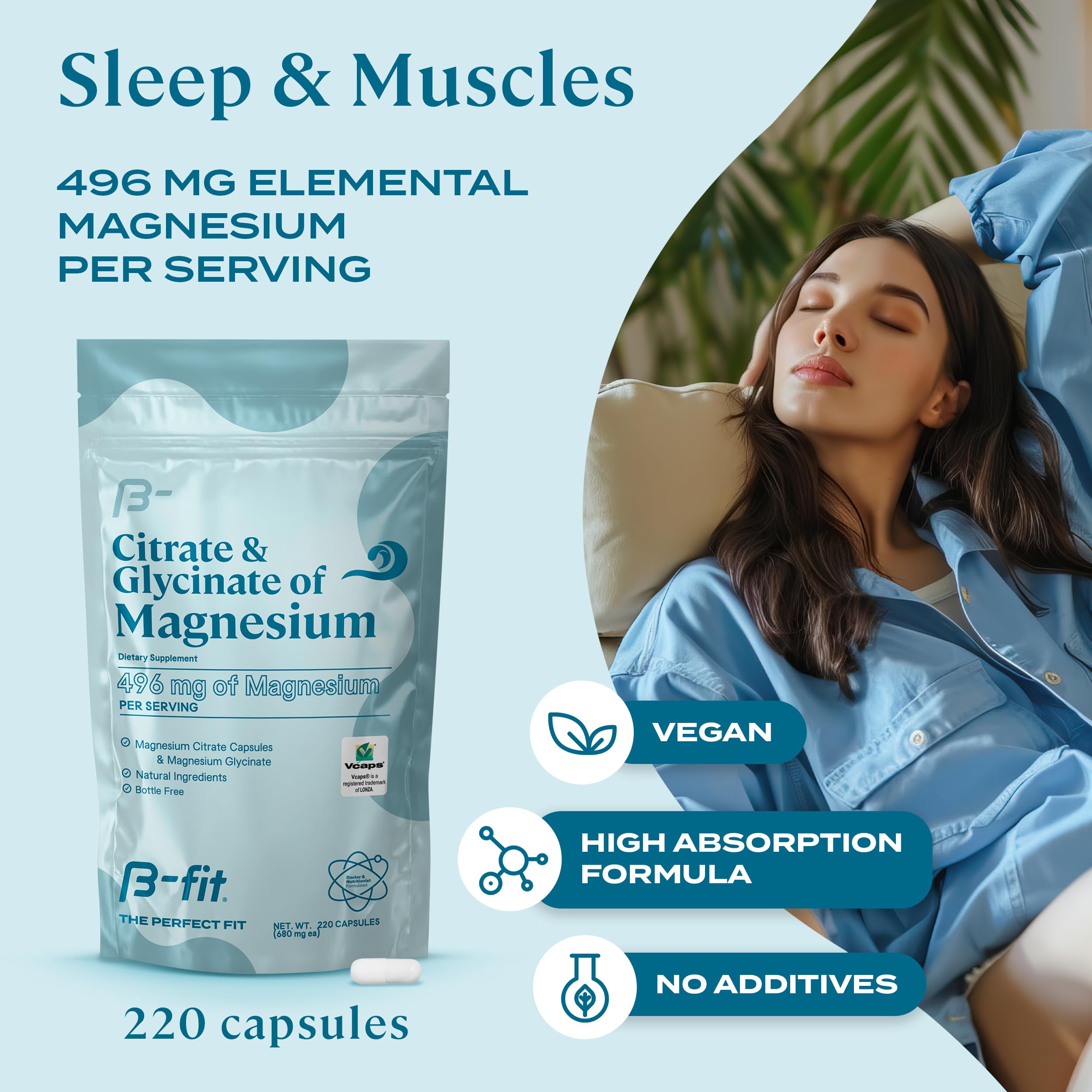 B-FIT B magnesium capsules closeup shows vegan and gluten-free daily use.