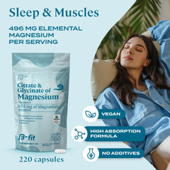 B-FIT B magnesium capsules closeup shows vegan and gluten-free daily use.