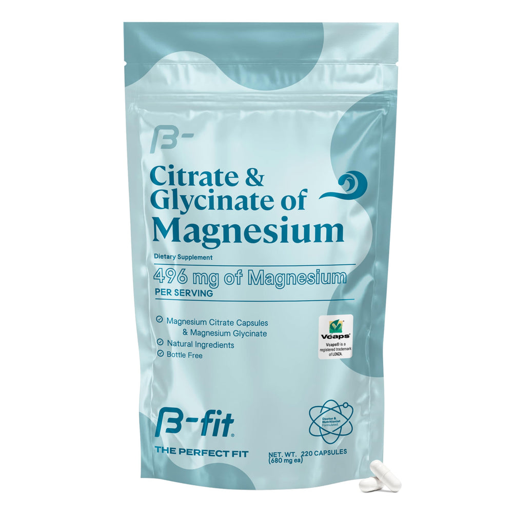 B-FIT B magnesium glycinate-citrate bottle highlights high-absorption formula for daily recovery.
