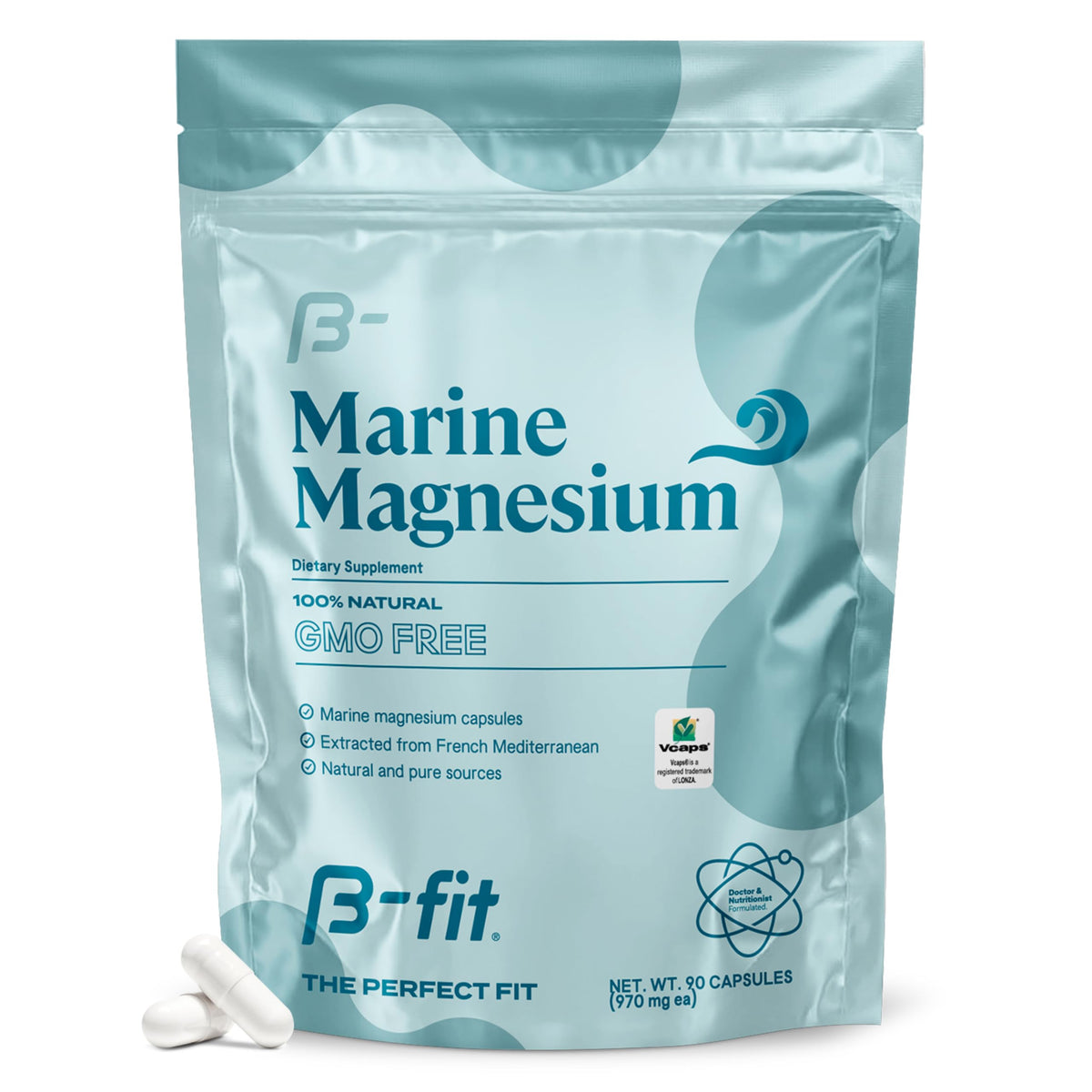B-FIT B Marine Magnesium bottle label shows gluten-free, additive-free formula for daily use.