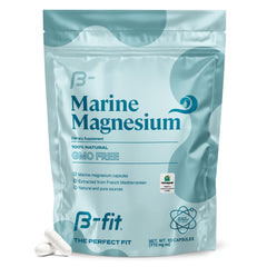 B-FIT B Marine Magnesium bottle label shows gluten-free, additive-free formula for daily use.