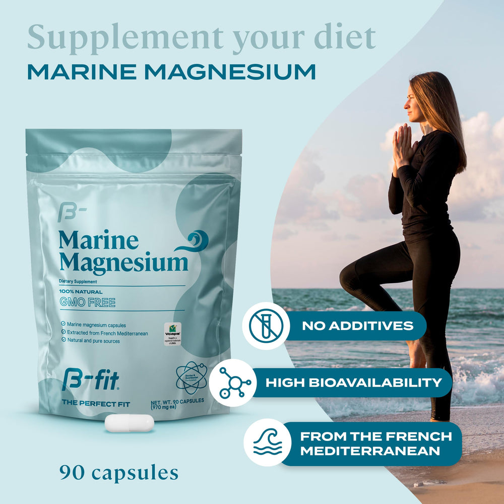 B-FIT B Marine Magnesium capsules close-up emphasizes high bioavailability for easy daily absorption.