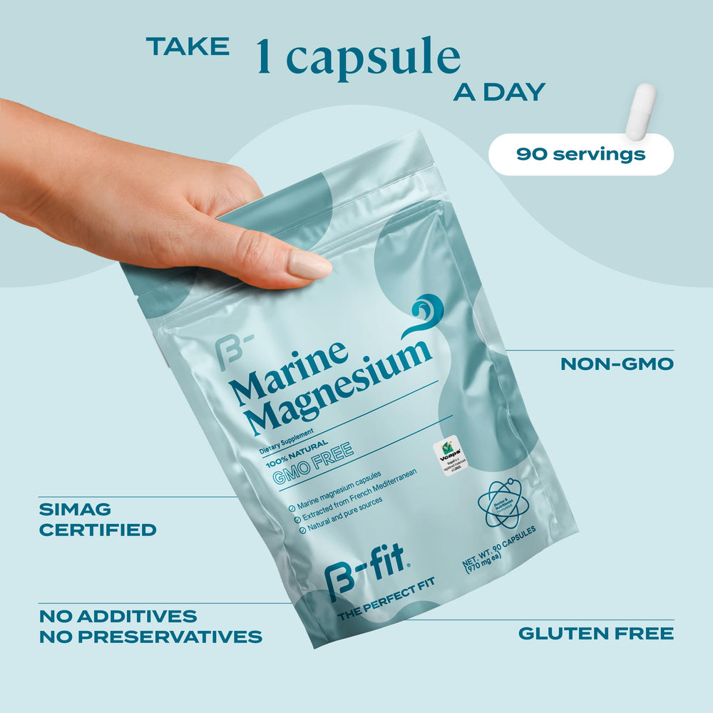 Front packaging of B-FIT B Marine Magnesium highlights marine sourcing and gluten-free status.