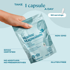 Front packaging of B-FIT B Marine Magnesium highlights marine sourcing and gluten-free status.