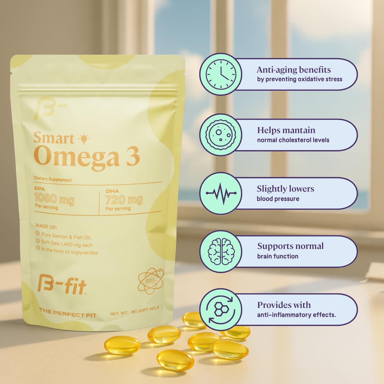 B-FIT Omega3 softgels in hand illustrate easy daily use and odorless design