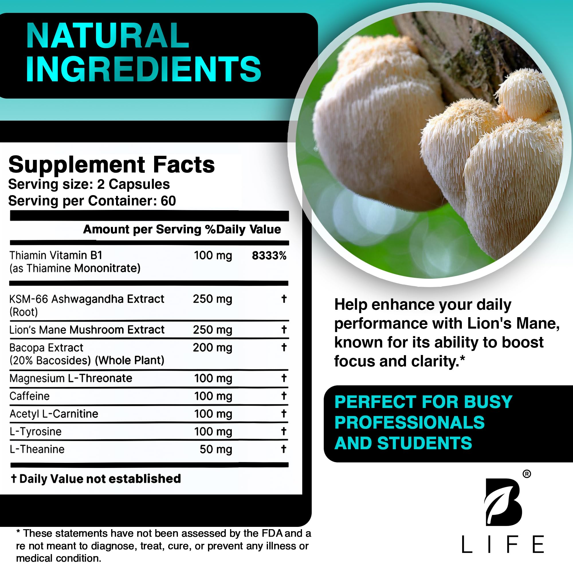 B Life Company Lion’s Mane capsules in a study-ready setting for work or study.