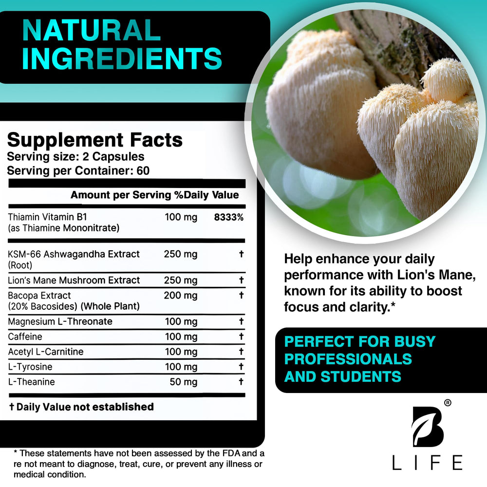 B Life Company Lion’s Mane capsules in a study-ready setting for work or study.