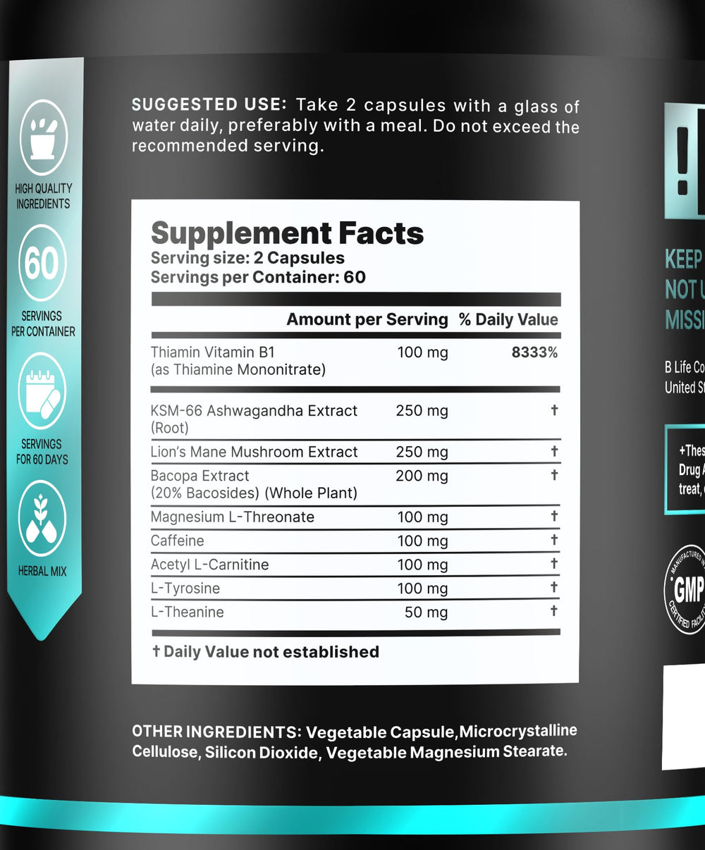 B Life Company Lion’s Mane capsules with Ashwagandha highlighted for balanced energy.