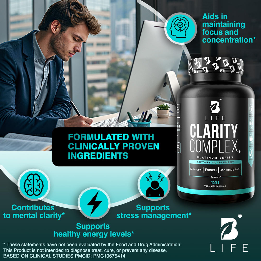 B Life Company Lion’s Mane capsules beside a measuring spoon illustrating easy dosage.
