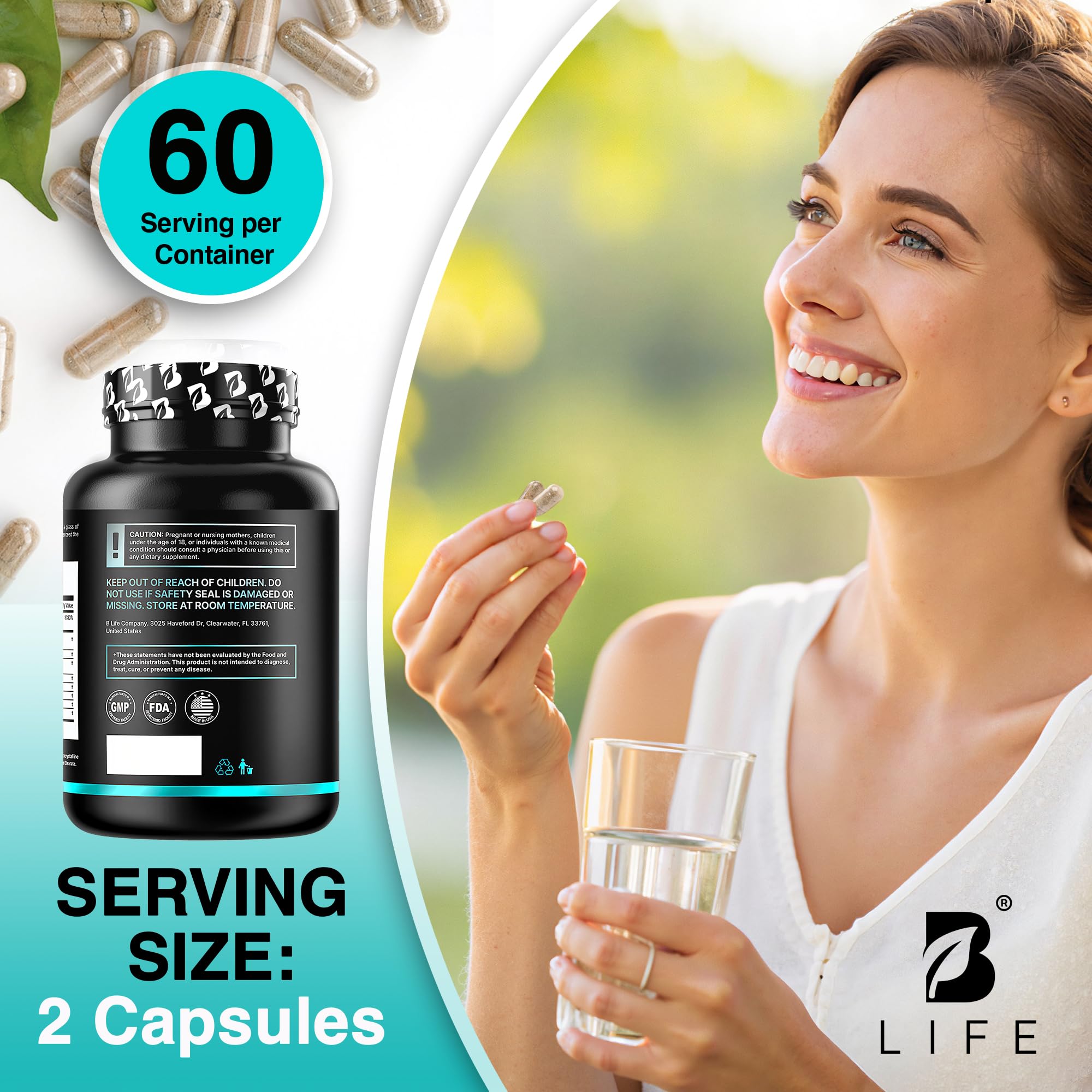 B Life Company Lion’s Mane ingredients list close-up emphasizing thiamin and magnesium L-threonate.