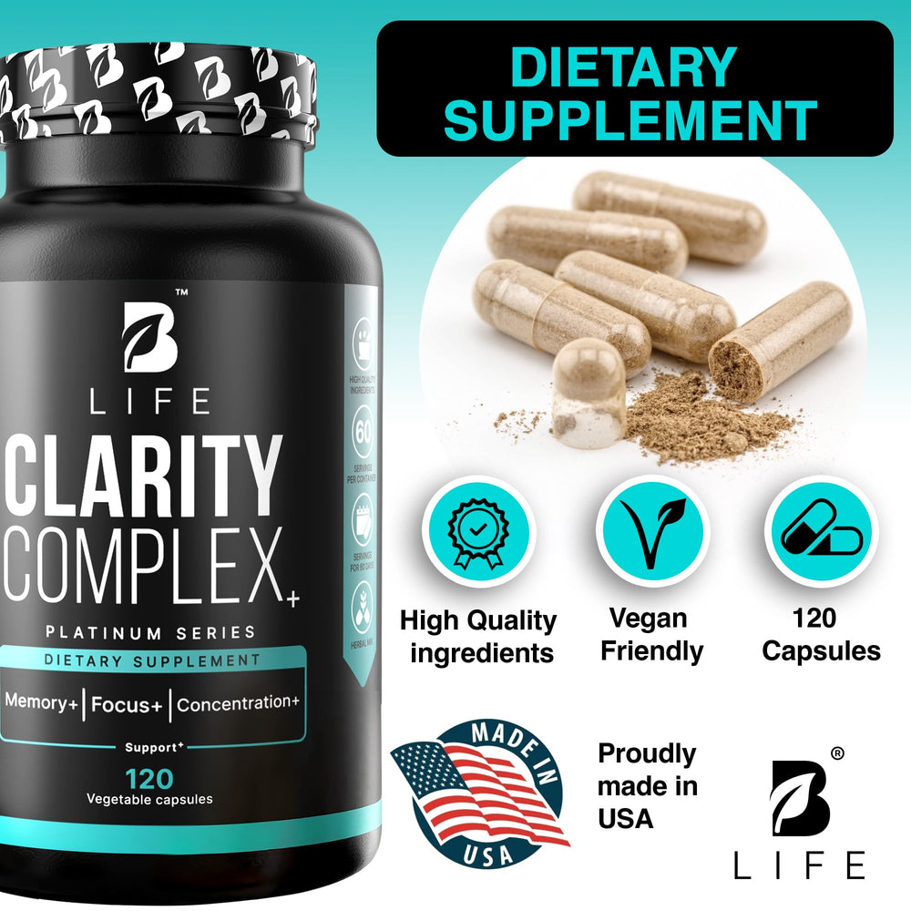 B Life Company vegan, non-GMO label on Lion’s Mane bottle hinting at purity.