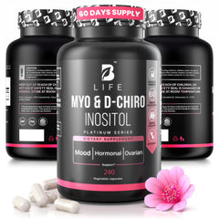 Closeup of B Life Myo-Inositol & D-Chiro Inositol capsules for pure daily use