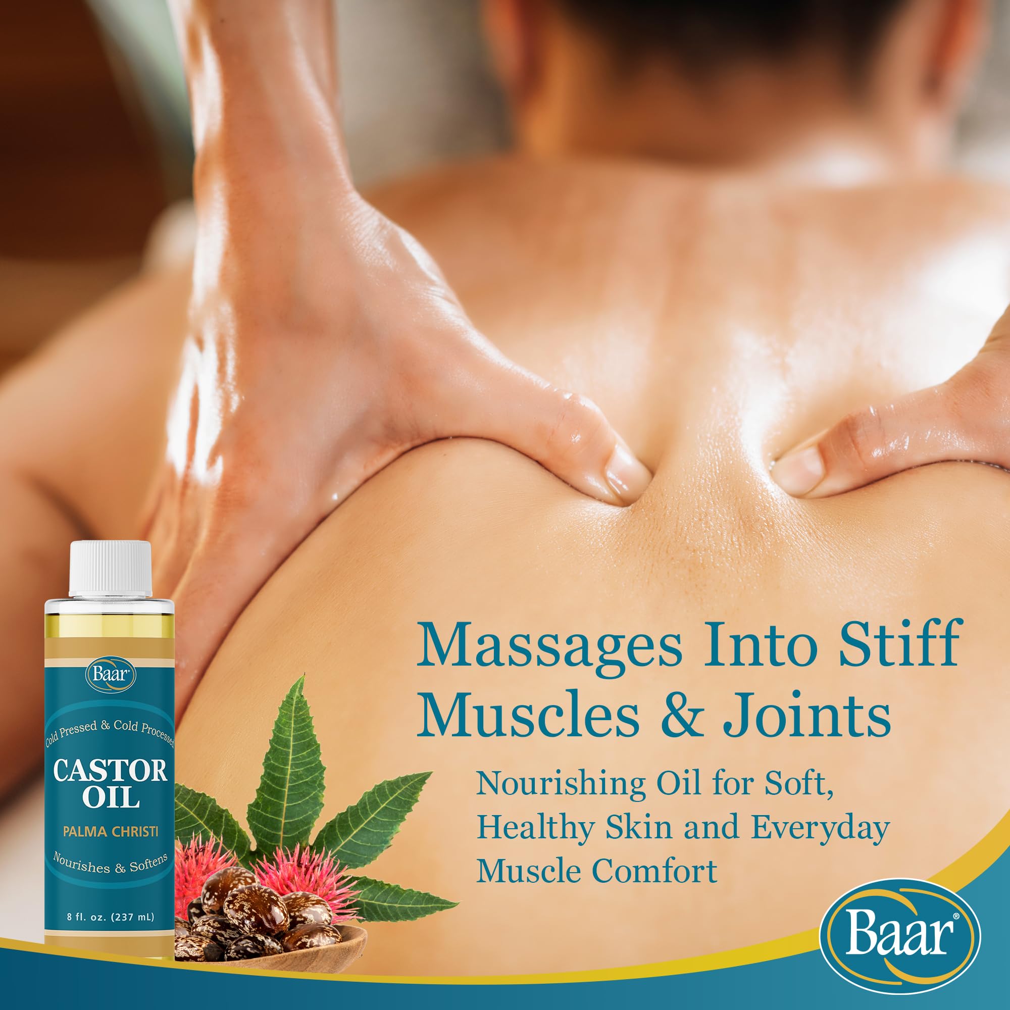 Baar castor oil massage oil for relaxing muscle comfort.
