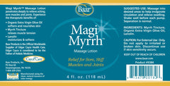 Close-up of Baar Magi Myrrh Massage Lotion label highlighting Edgar Cayce-inspired formula.
