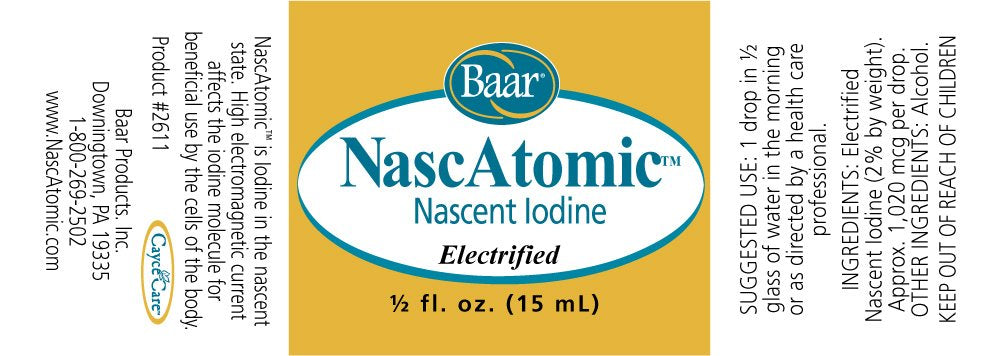 Baar NascAtomic label-details clarify the 2% nascent iodine in every bottle.