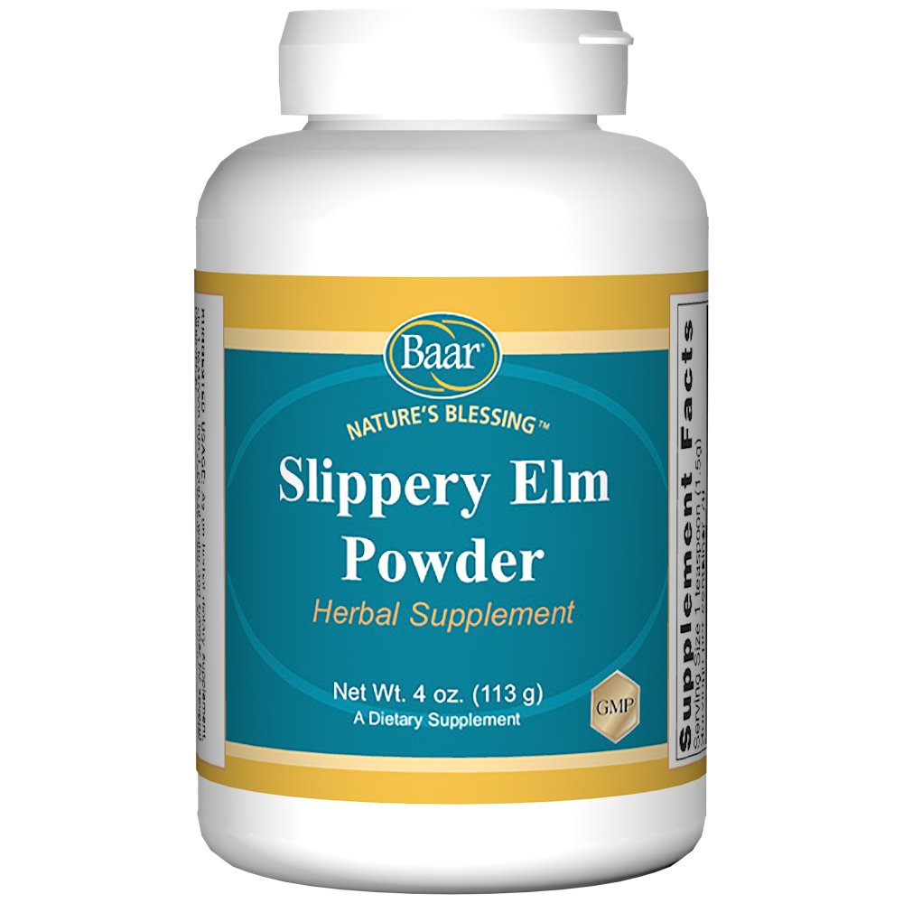 Baar Slippery Elm Bark Powder jar shows pure powder texture.