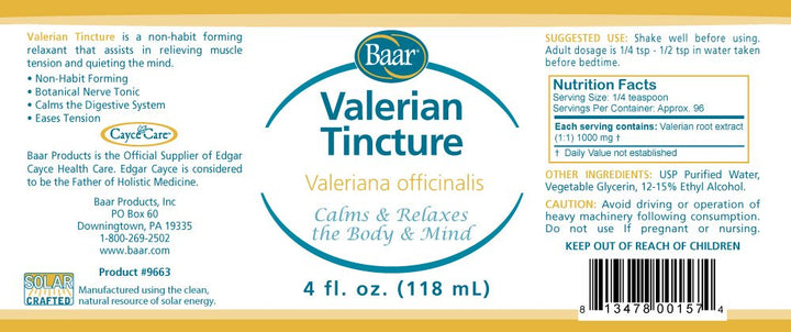 Baar Valerian tincture bottle label highlights natural relaxant benefits