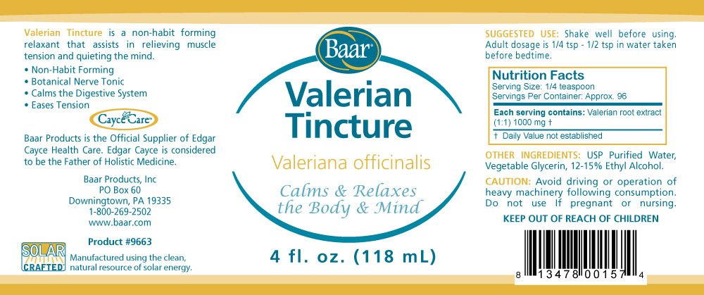 Baar Valerian tincture bottle label highlights natural relaxant benefits