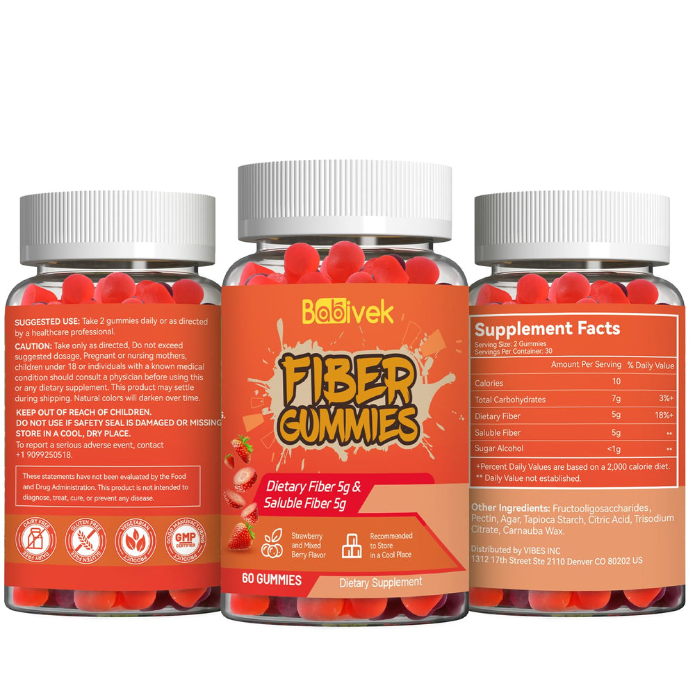 Babivek fiber gummies daily-dose instruction with two gummies and water glass.