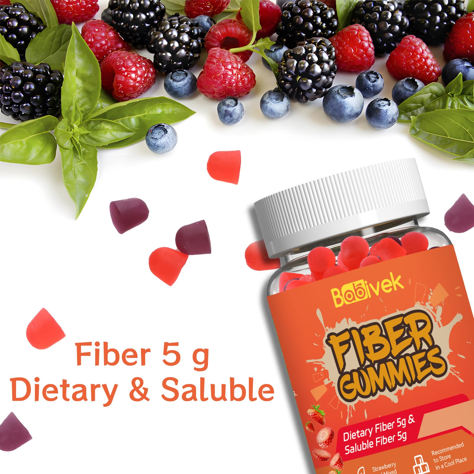 Babivek fiber gummies mixed berry gummies out of pack, showing dual flavors.