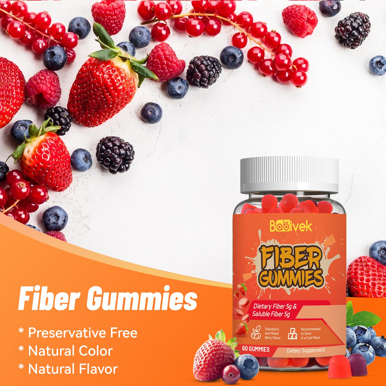 Babivek fiber gummies strawberry gummies out of pack, illustrating convenient fiber intake.