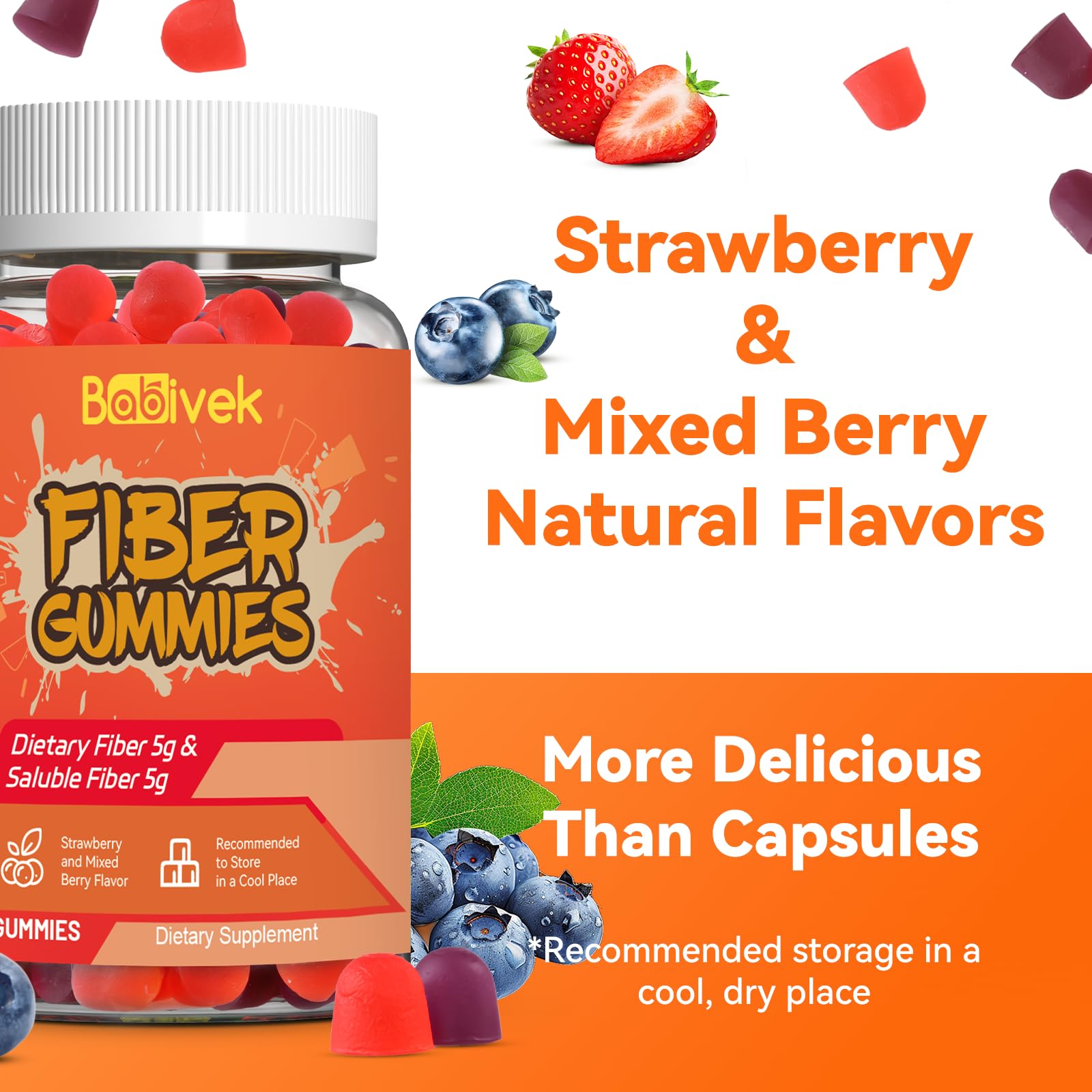 Babivek fiber gummies vegan gluten-free label close-up, emphasizing allergen-friendly design.