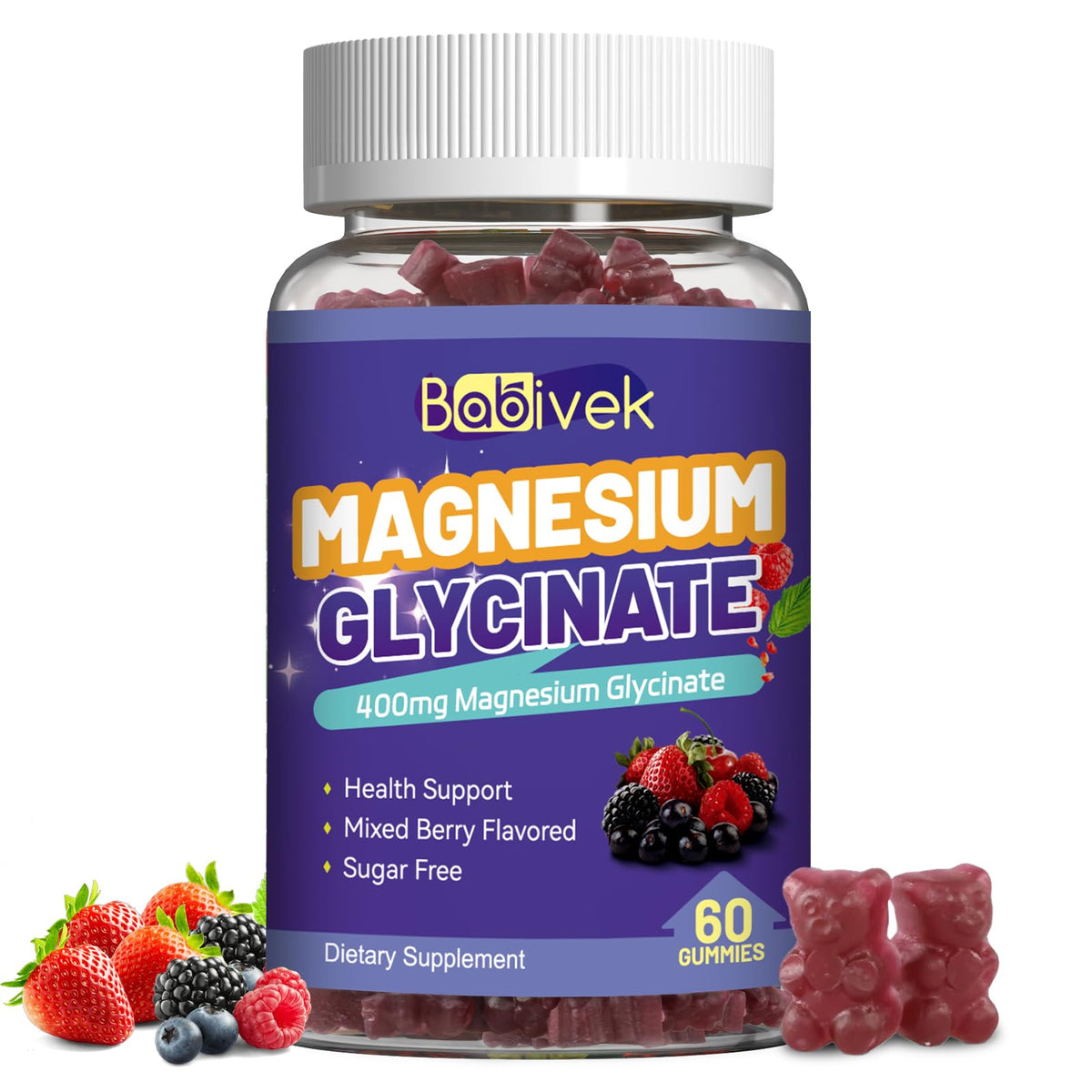 Babivek magnesium glycinate gummies berry flavor bottle for nightly sleep support.