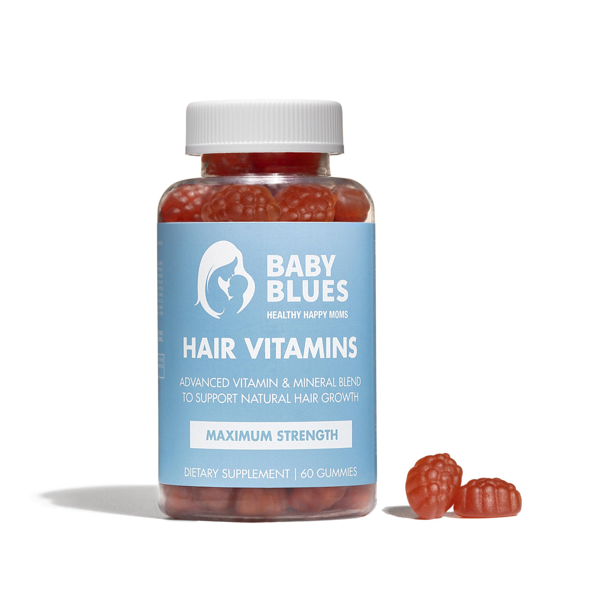Baby Blues postpartum vitamins bottle close-up showing passion fruit gummies for hair support.