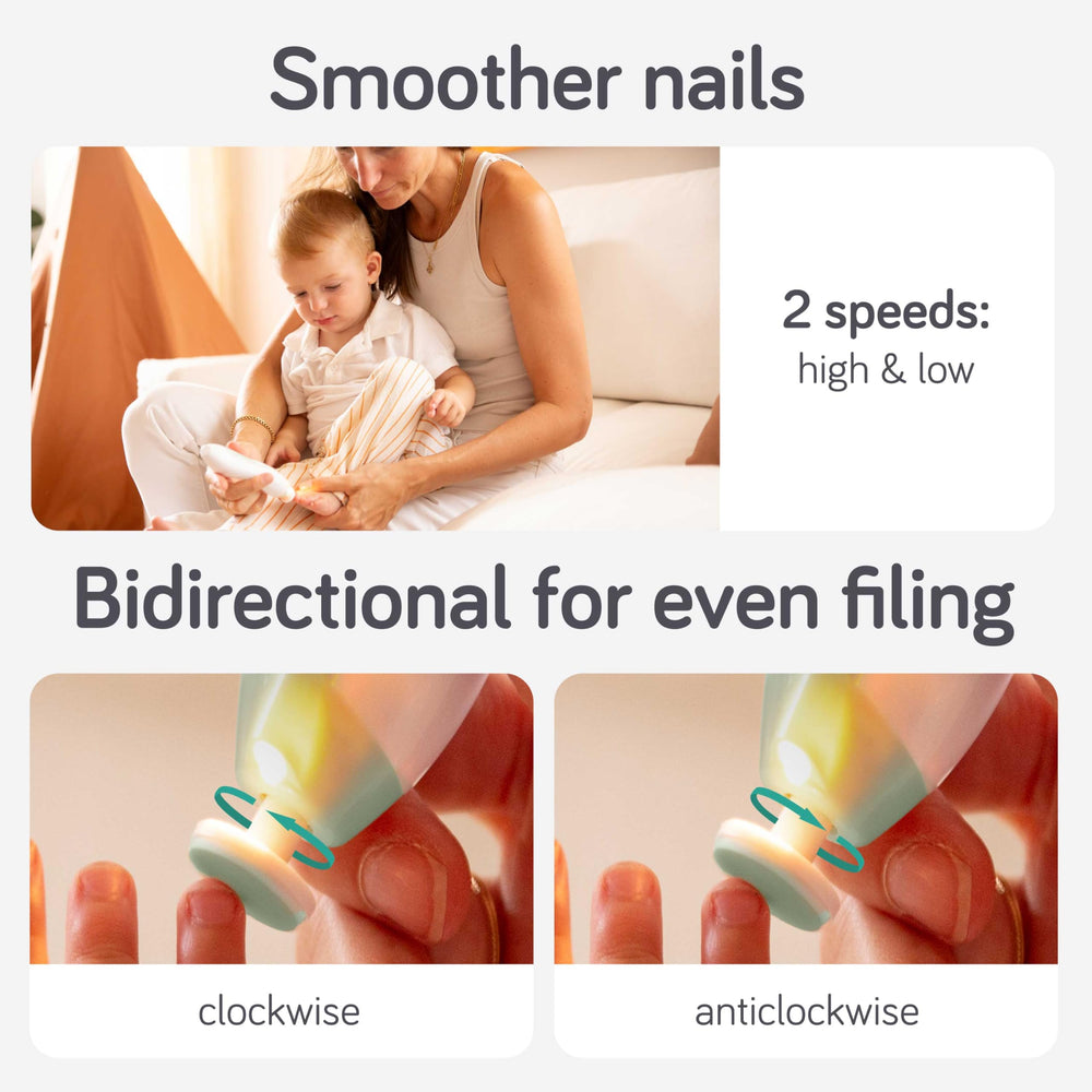Two speeds on Baby Uma nail trimmer for newborn to toddler nails