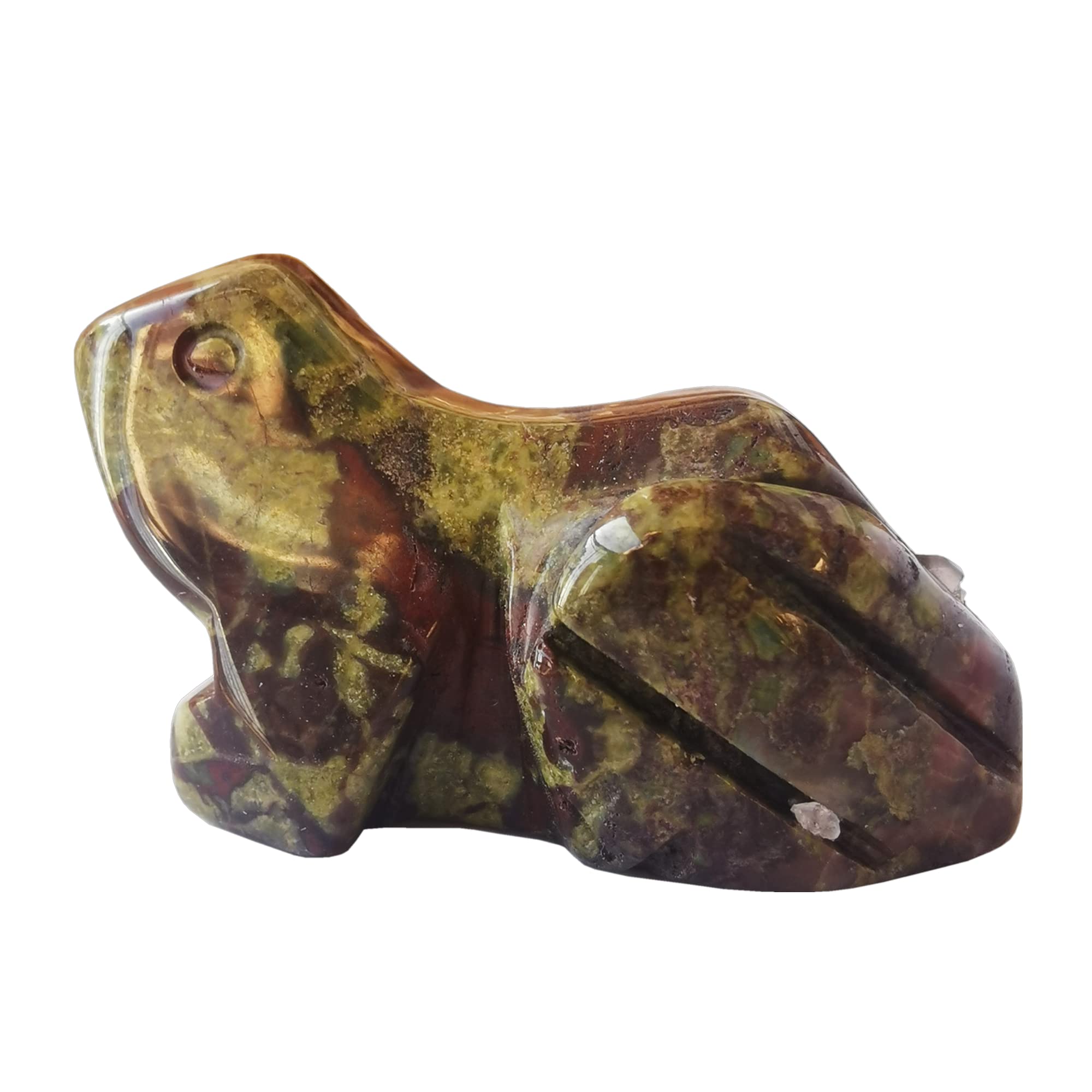 Bacatgem dragon blood jasper frog figurine on a shelf for calm energy