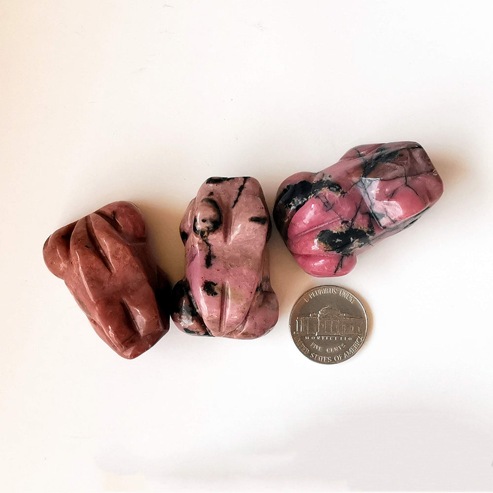 Bacatgem pocket-size rhodonite frog ideal for on-the-go calm energy.