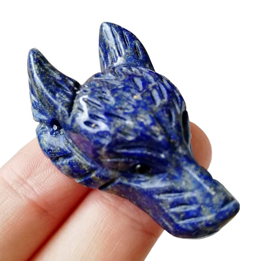 Bacatgem wolf head lapis lazuli figurine for mindful wear as a pendant.