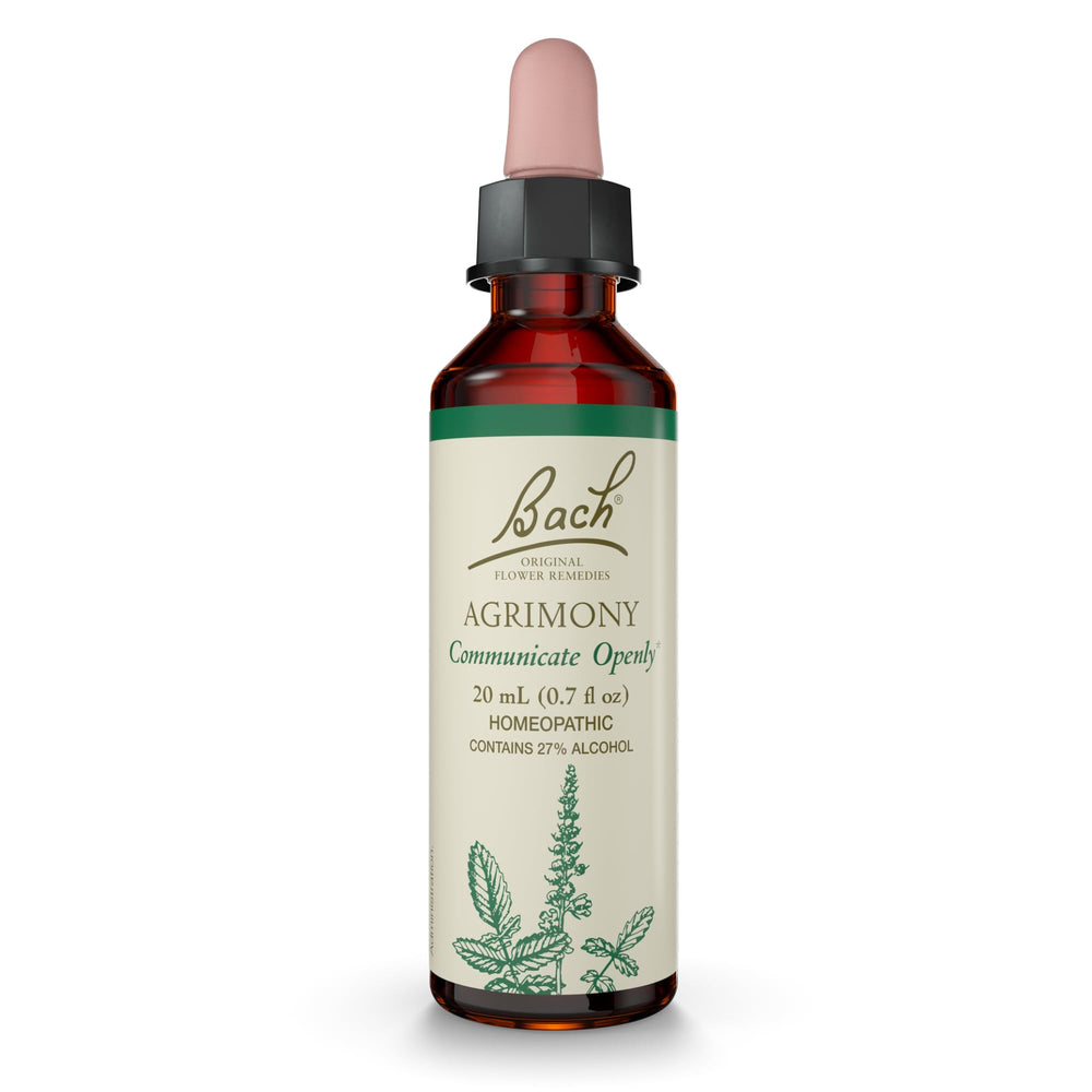 Bach Agrimony remedy bottle label indicating open communication support.