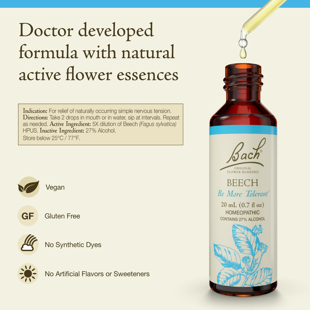 Beech label highlights the 1935 heritage and natural flower remedy.
