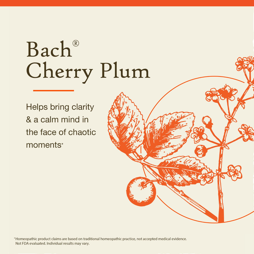 Bach Cherry Plum label closeup highlights a natural remedy for emotional balance.