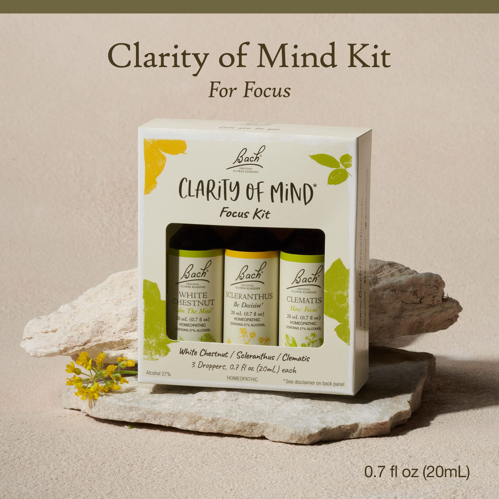 Bach Clarity dropper in hand for discreet focus support.