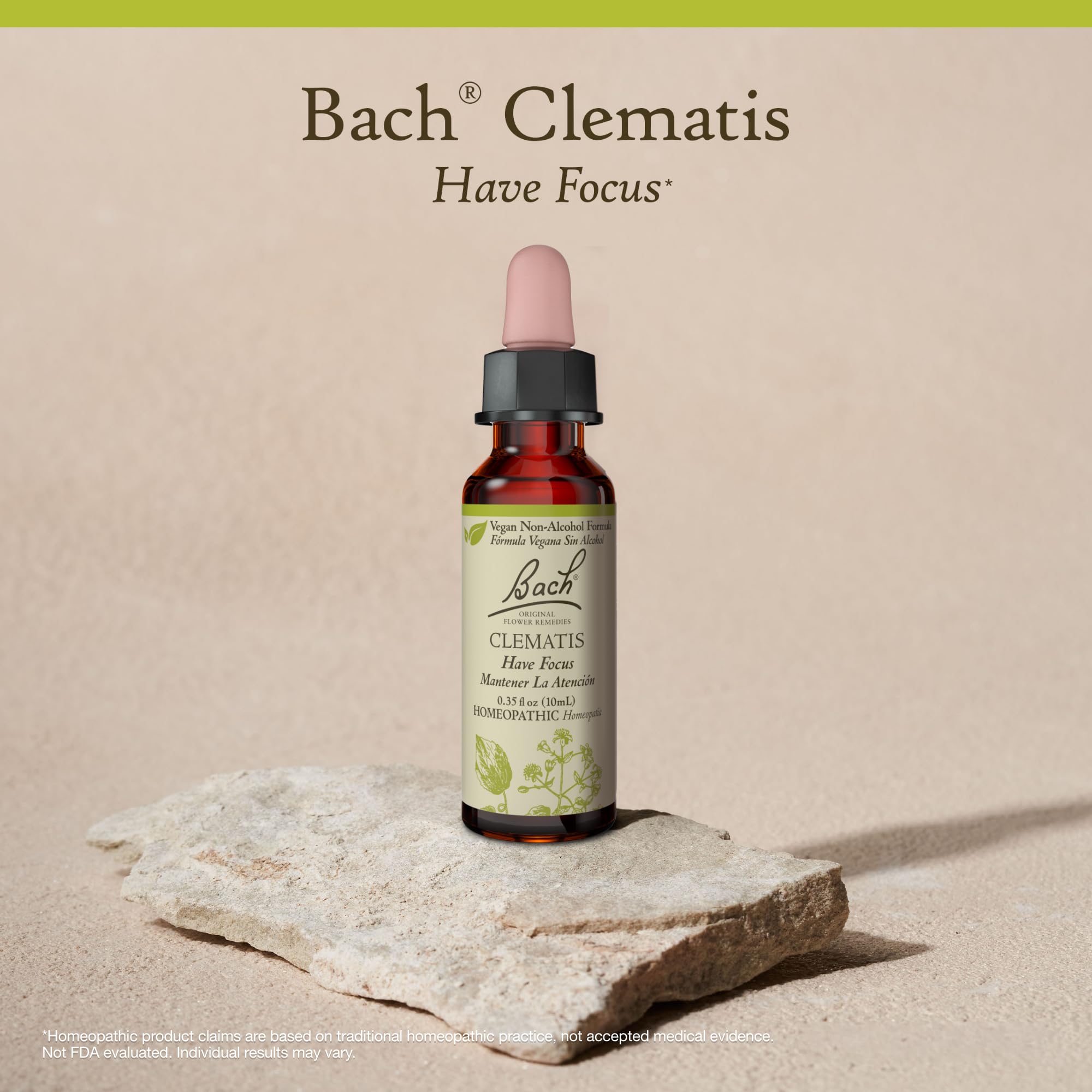 Bach Clematis packaging emphasizes vegan and gluten free notes