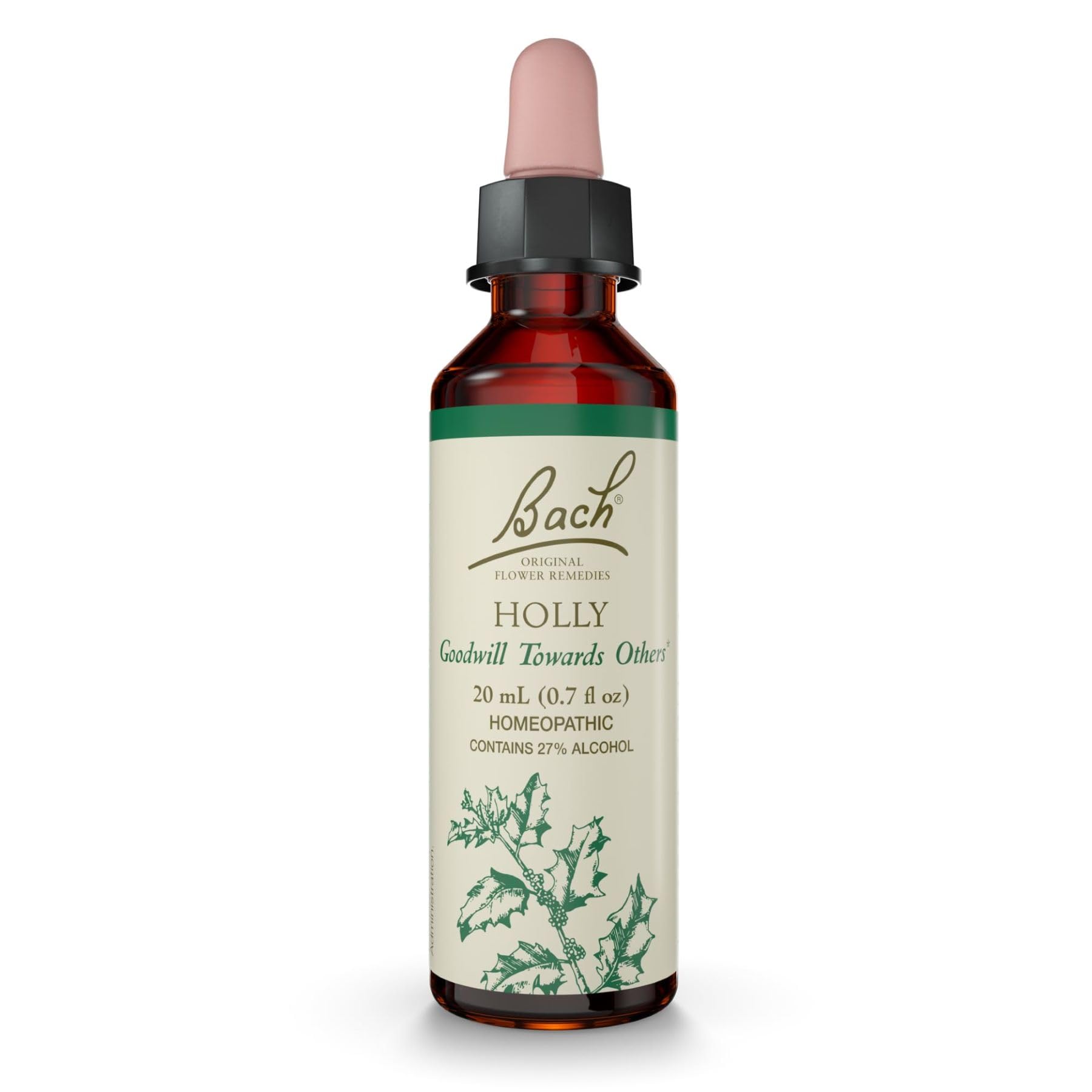 Bach Holly bottle front view for convenient daily emotional balance.