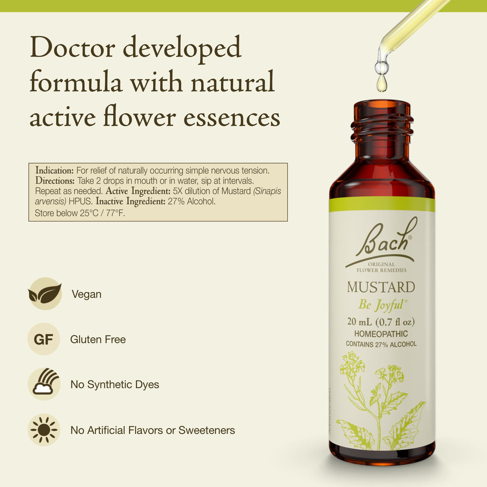 Bach Flower Remedies Mustard dropper ready for accurate, under-the-tongue doses.