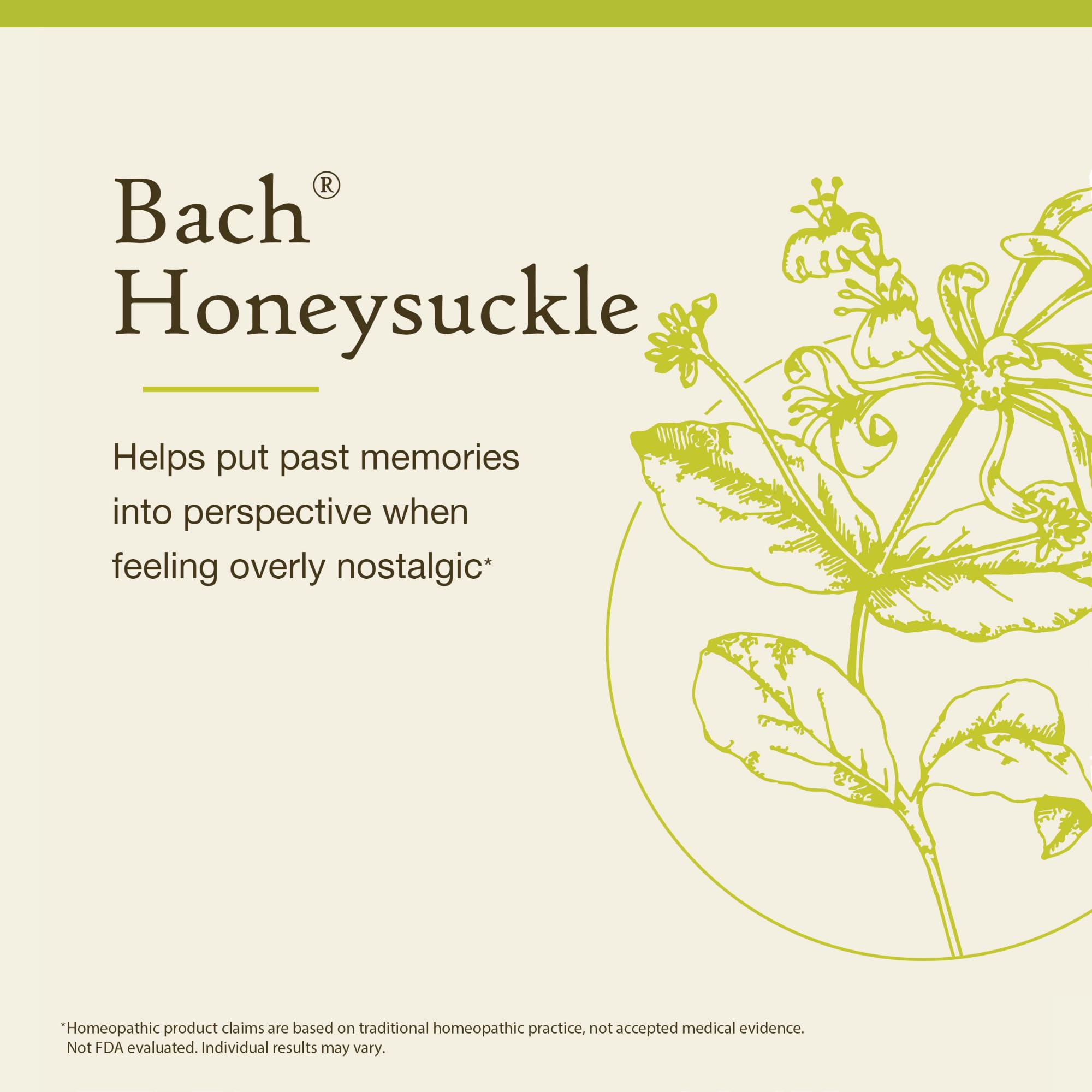 Label view of Bach Honeysuckle bottle showing natural ingredients