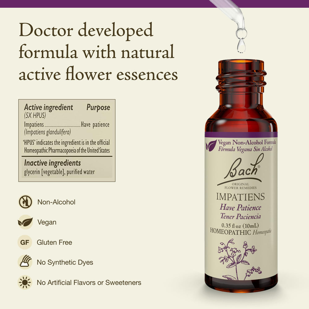 Bach Impatiens dropper pouring into water for gentle calm focus
