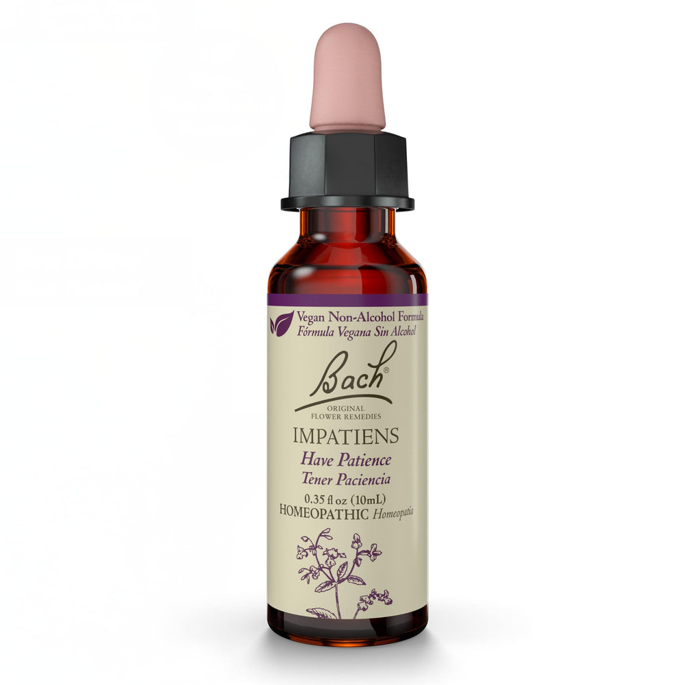 Bach Impatiens non-alcohol bottle on shelf for daily patience support