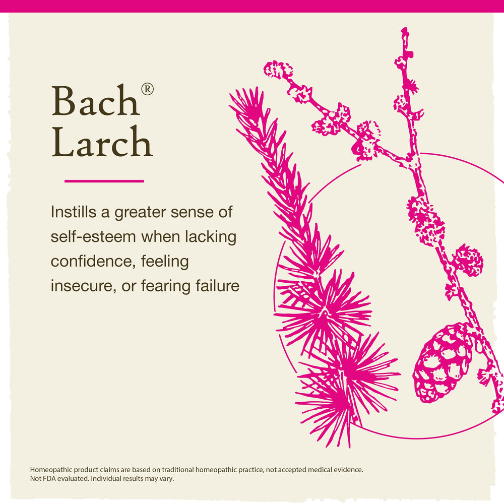Bach Larch label closeup highlights clean formula and plant-based ingredients for peace of mind.