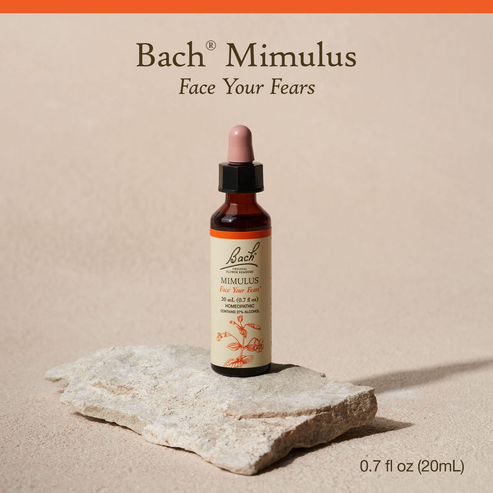 Closeup of Bach Mimulus bottle label showing natural remedy for emotional balance.