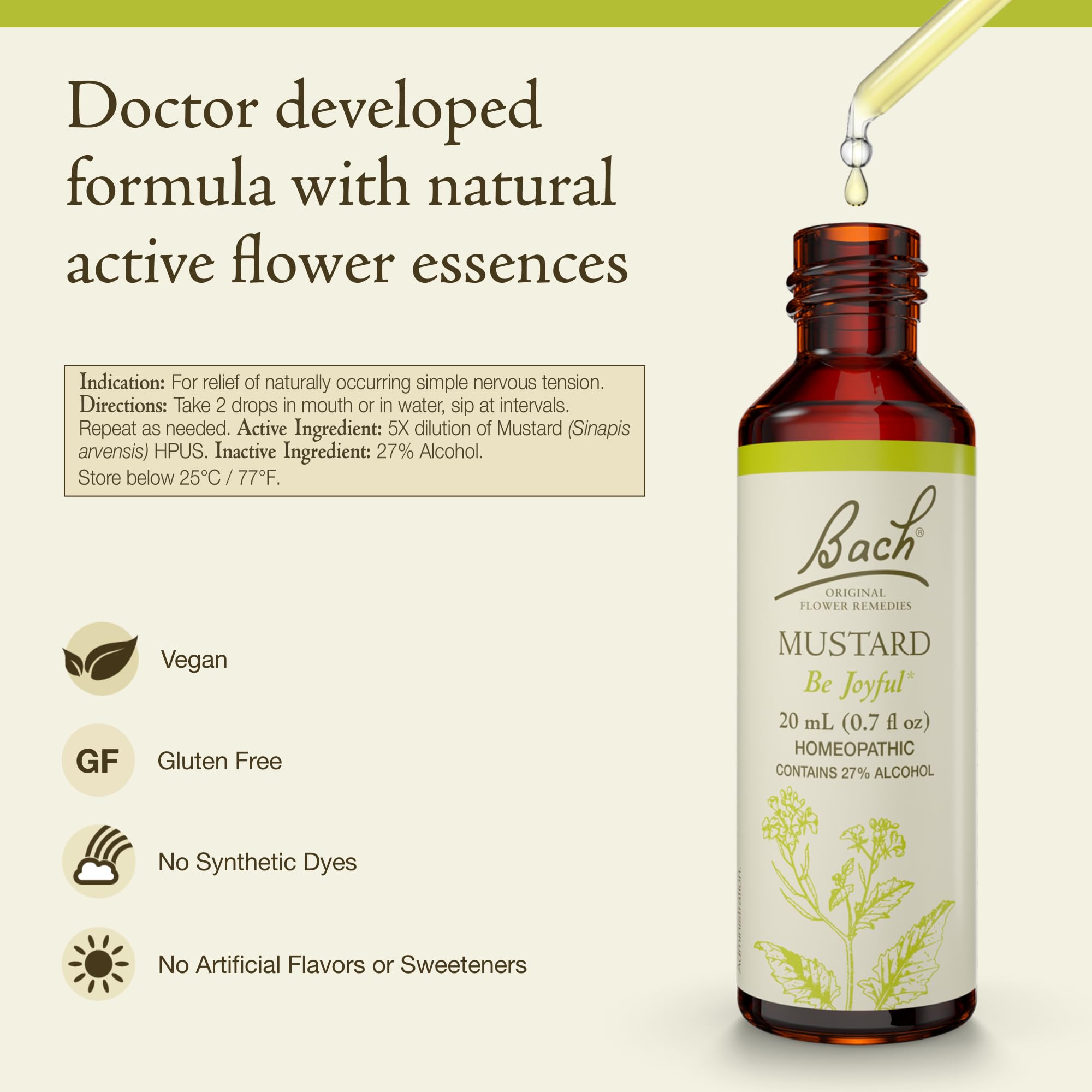 Bach Mustard dropper application highlighting easy daily use.